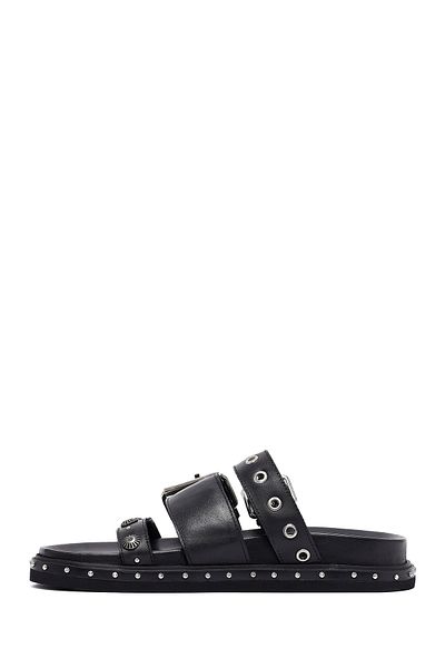 Derimod Women's Black Buckle Leather Slippers 25Sfd270018