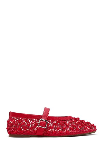 Derimod Women's Red Buckle Stone Mesh Ballerinas 25Sfd444314