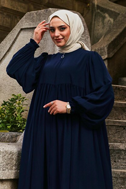 Berel Moda Roba Detaylı Balon Kollu Dökümlü Ponçik Ferace Lacivert