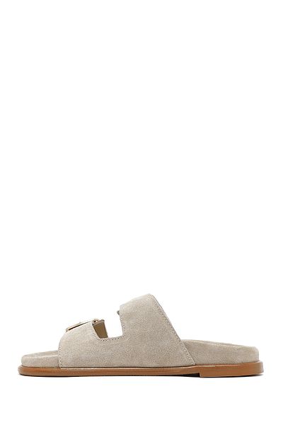 Derimod Women's Beige Buckle Suede Leather Slippers 25Sfd200110