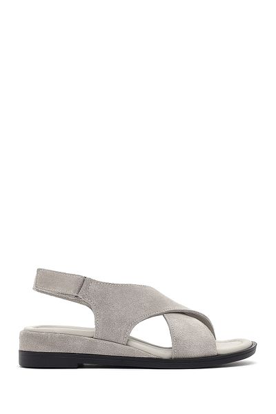 Derimod Women's Gray Ankle Strap Thick Sole Suede Genuine Leather Sandals 25Sfd362610