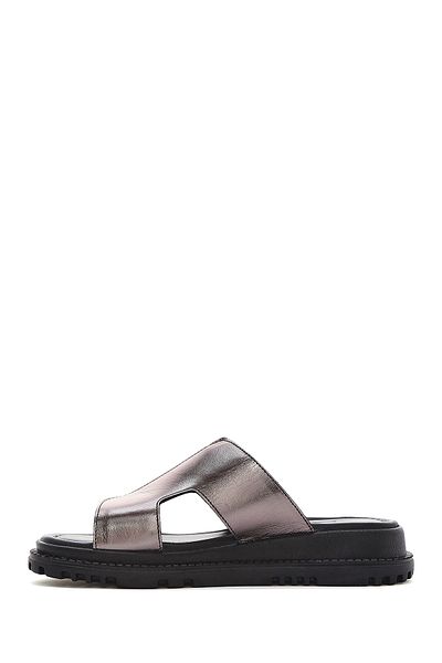 Derimod Women's Anthracite Thick Soled Metallic Leather Slippers 25Sfd300532