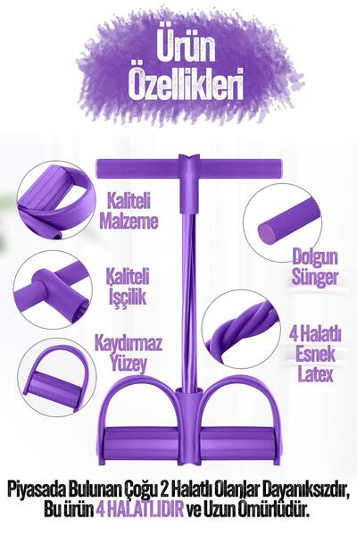 Telvesse 4 Lastik Body Shaper Karın Kol Jimnastik Egzersiz Mekik Çekme Evde Spor Kondisyon Kürek Aleti Mor