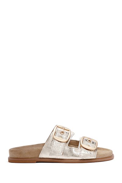 Derimod Women's Gold Buckle Metallic Leather Slippers 25Sfd200132