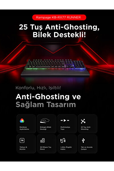 Rampage Kb-rx77 Runner Siyah Usb Rainbow Aydınlatmalı Q Bilek Destekli Gaming Klavye
