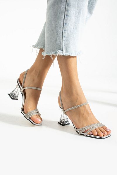 İnan Ayakkabı Women's Evening Dress Silver Color Stone 8 cm Heel Shoes