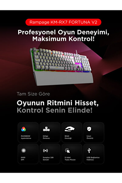 Rampage KM-RX7 FORTUNA V2 Gökkuşağı Aydınlatmalı USB BEYAZ Gaming Combo Q Gaming Klavye + 12800 dpi