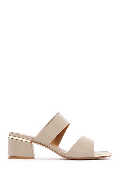 Derimod Women's Beige Short Thick Heeled Slippers 25Sfe460818