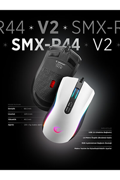 Rampage Smx-r44 V2 Makrolu Beyaz 12800 Dpı Rgb Usb Drag Click Örgü Kablo Pro Gaming Oyuncu Mouse