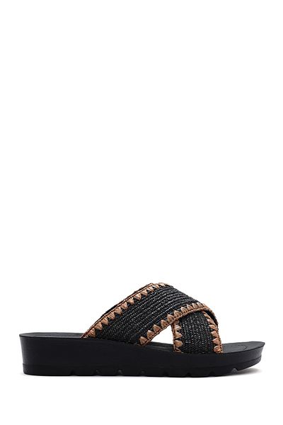 Derimod Women's Black Thick Soled Straw Slippers 25Sfe4639M7
