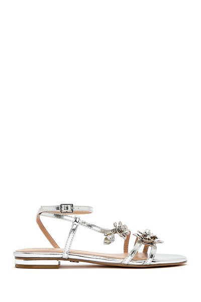 Derimod Women's Silver Ankle Buckle Stone Metallic Sandals 25Sfd442132