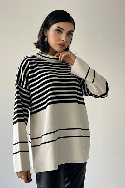 lovebox Tricotaj de damă din țesătură cu decolteu în dungi cu model supradimensionat 198