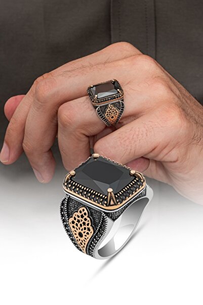 ALYANSEVİM Kare Siyah Zirkon Taşlı 925 Gümüş Yüzük Erkek