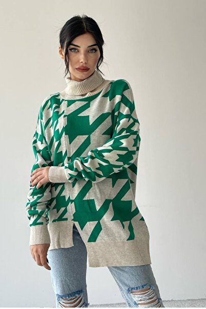 WOMAN VISION Women's Design Knitwear Fabric Turtleneck Asymmetric Cut Oversize Green Sweater 193