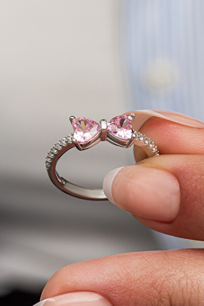 ALYANSEVİM Pembe Taşlı Kalpli 925 Gümüş Yüzük Kadın