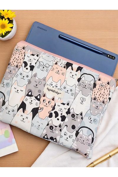 Ayza Stüdyo Cute Cat Patterned Tablet Bag, 10-12 Inch Compatible Fluffy iPad Bag