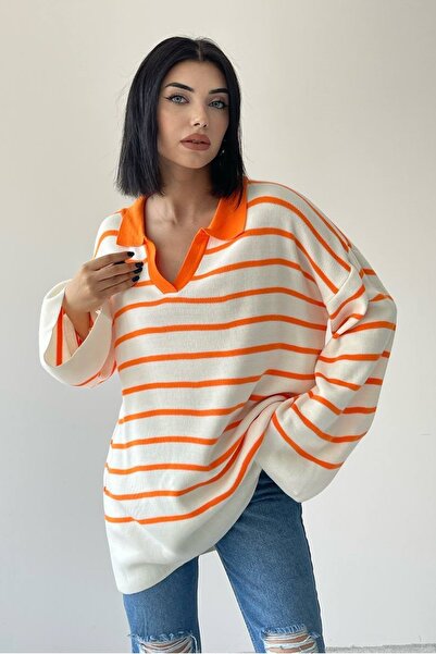 WOMAN VISION Tricotaj de design pentru femei, țesătură cu decolteu în V, model în dungi, cu mâneci liliac, pulover portocaliu oversize 196