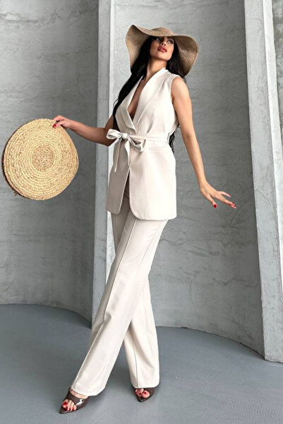 AKD Atelier Women's Double Bottom Top Set Stylish Belted Pocket Detailed Vest Pants Set