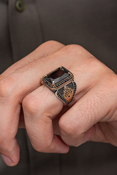 ALYANSEVİM Kare Siyah Zirkon Taşlı 925 Gümüş Yüzük Erkek