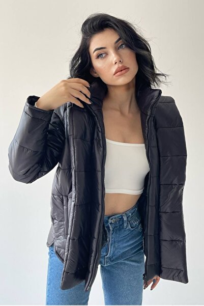 lovebox Women's Hooded Pocket Detailed Black Puffer Coat 200