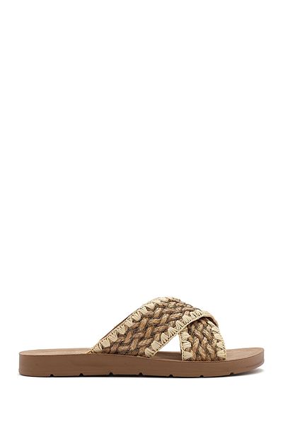 Derimod Women's Beige Braided Straw Slippers 25Sfe4635M7