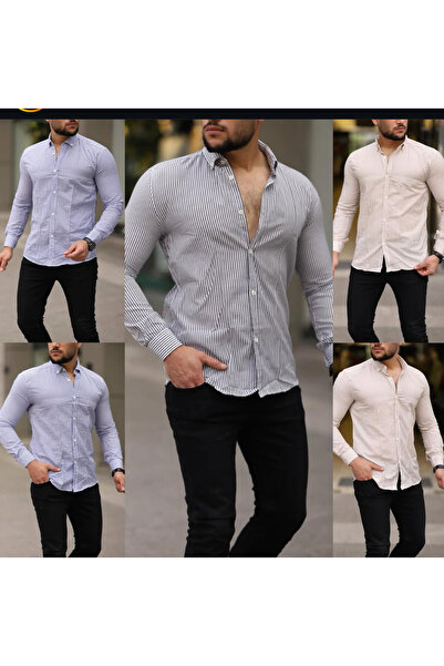 shop Çizgili slimfit gömlek likrali ince Keten