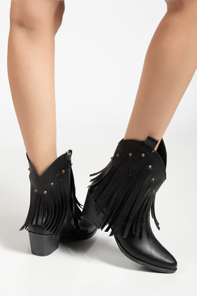 Ms Sugar Kadın Siyah Deri Nakışlı Püsküllü Kovboy Kısa Bot