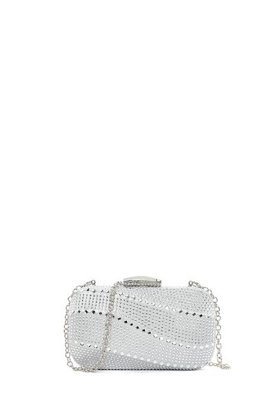 Derimod Women's Silver Long Chain Strap Stone Mini Box Evening Dress Bag 25Sbd2961Ts