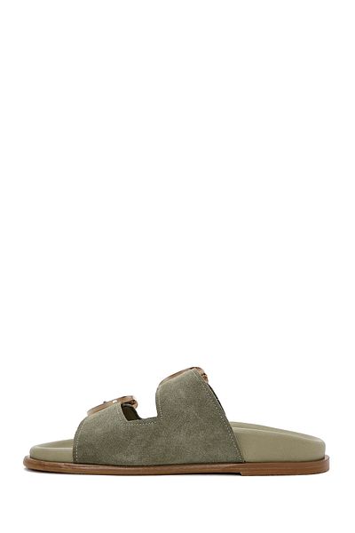 Derimod Women's Green Double Buckle Suede Leather Slippers 25Sfd 200710
