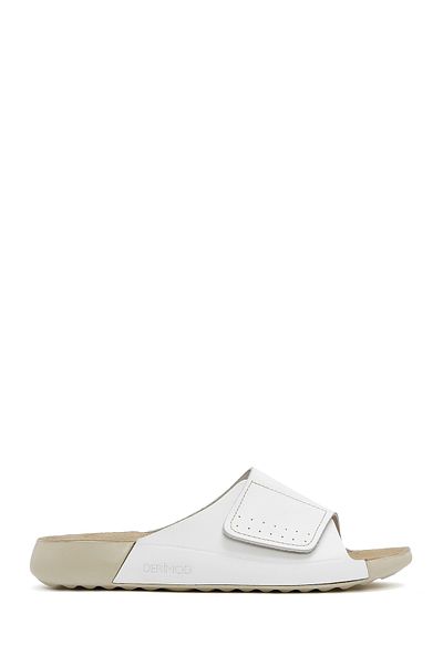 Derimod Women's White Banded Leather Comfort Slippers 25Sfd 501118