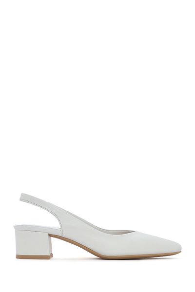 Derimod Women's Beige Open Back Thick Short Heeled Leather Shoes 25Sfd 380218