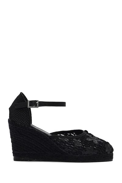 Derimod Women's Black Ankle Strap Patterned Wedge Heeled Espadrille 25Sfd20756F