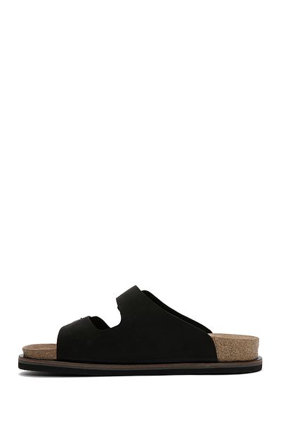 Derimod Men's Black Buckle Nubuck Leather Slippers 25Sfd6255V3