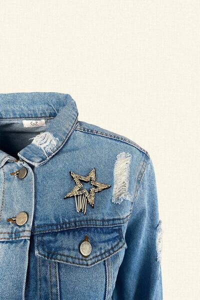 GZ Design Yıldız Işlemeli Uzun Açık Renk Jean Ceket