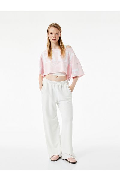 Koton Short Sleeve Off Shoulder Printed Oversize Crop T-Shirt
