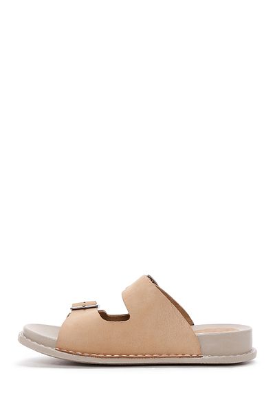 Derimod Beige Nubuck Leather Women's Buckle Slippers 25Sfd5000V3 Comfort