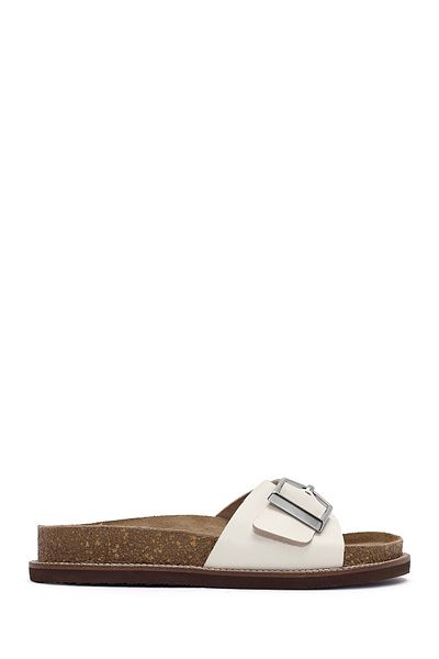 Derimod Women's White Buckle Leather Slippers 25Sfd 306318