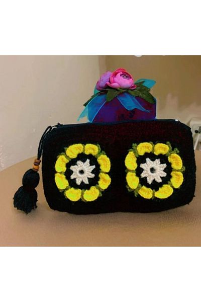 Afilli Black Yellow Color Embossed Flower Design Zippered Hand Knitted Card Holder Phone Case Wallet Small Bag