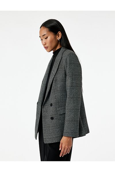 Koton Long Sleeve Pocket Double Breasted Plaid Blazer Jacket