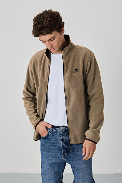 TOMMY LIFE Camel Yazı Nakışlı Dik Yaka Fermuarlı Standart Kalıp Erkek Sweatshirt Polar - 87992