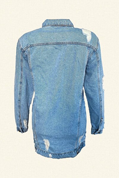 GZ Design Yıldız Işlemeli Uzun Açık Renk Jean Ceket