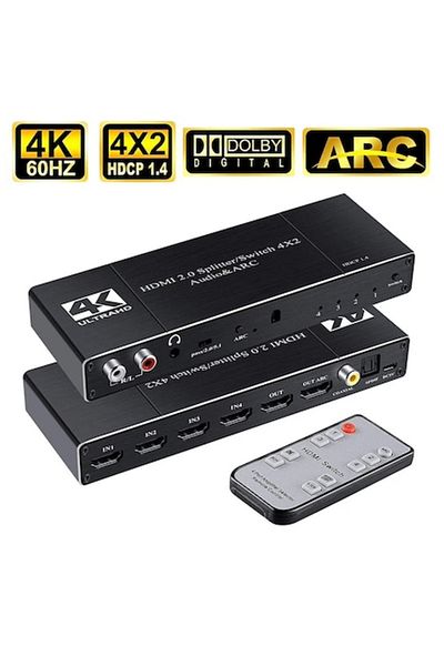 HOPE R HDMI 2.0 switch, 4 inputs and 2 outputs, HDCP 1.4, 4K@60Hz, 6Gbps, ARC, R/L audio extractor, 3.5mm jack