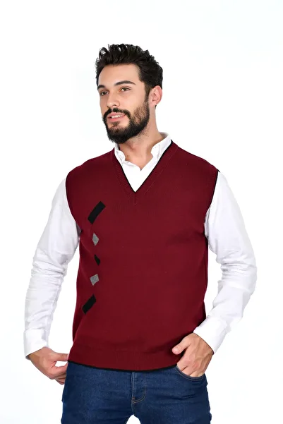 Kamalı Claret Red Men's Steel Knit Winter Thick Knitwear V-Neck Knitwear Knit Non-Pilling Jumpers
