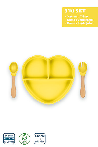 Moki Silikon Beslenme Seti 3'lü Sunrise Sarı / Mama Tabağı, Bambu Saplı Mama ...