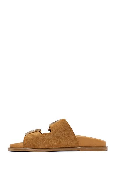 Derimod Women's Tan Double Buckle Suede Leather Slippers 25Sfd 200710