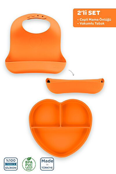 Moki Silikon Beslenme Seti 2'li Sunset Turuncu / Mama Önlüğü, Mama Tabağı