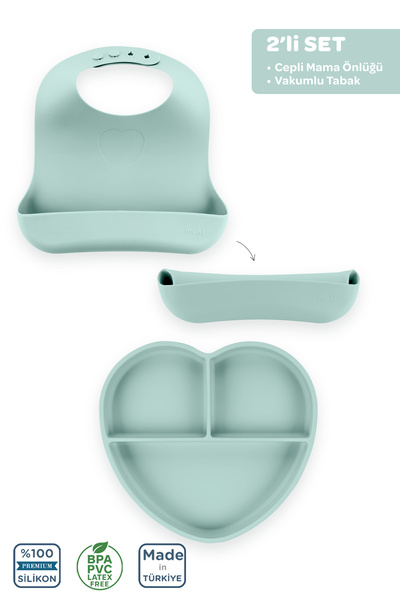 Moki Silikon Beslenme Seti 2'li Spring Yeşil / Mama Önlüğü, Mama Tabağı
