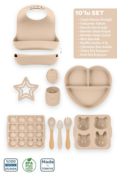 Moki Silikon 10'lu Set Latte Bej / Önlük, Tabak, Kaşık, Çatal, Bardak, Diş Ka...