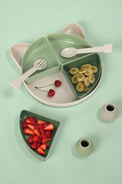 İronika Kitty 7 Piece Kitten Model Kids Baby Fork Spoon Plate Meal Nutrition Set Food Plate - Green