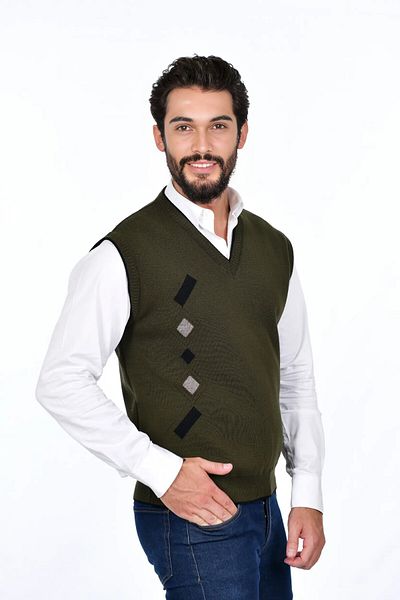 Kamalı Khaki Men's Steel Knit Winter Thick Knitwear V-Neck Knitwear Knit Non-Pilling Jumpers